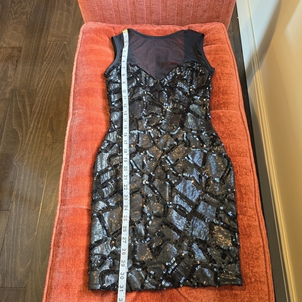NWT Dress the Population Black Sequin Bodycon Mini Dress Mesh Neckline V Back XS - Picture 13 of 14